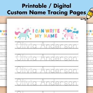 May include: Printable tracing pages featuring a unicorn with a rainbow mane and tail. The pages are designed for children to practice writing their name, "Olivia Anderson", with dotted lines to guide them.