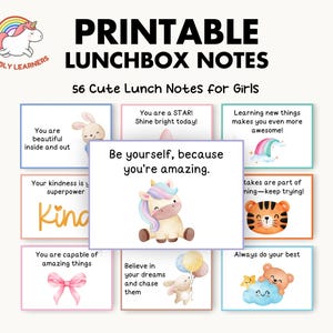 Lunchbox Notes for Girls, Printable Lunch Notes, Cute Lunchbox Ideas, Positive Inspiring Encouraging Notes for Kids, Instant Download PDF