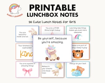 Lunchbox Notes for Girls, Printable Lunch Notes, Cute Lunchbox Ideas, Positive Inspiring Encouraging Notes for Kids, Instant Download PDF