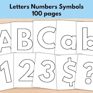 May include: White cards with black outlines of letters, numbers, and symbols, including A, B, C, a, b, 1, 2, 3, a dollar sign, and a question mark. The text at the top reads "Letters Numbers Symbols 100 pages."