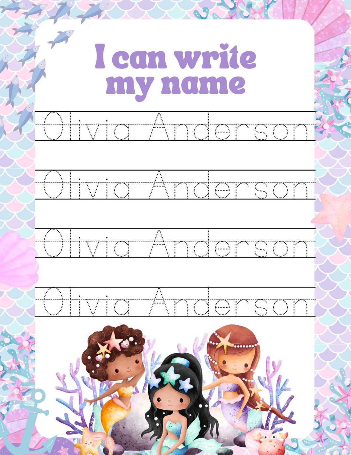 Mermaid Custom Name Tracing Sheet Personalized Name Trace Handwriting ...