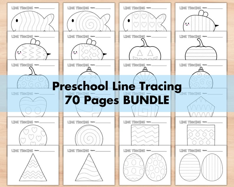 May include: A set of 70 printable preschool line tracing worksheets featuring various shapes, objects, and patterns. The worksheets are designed to help children develop their fine motor skills and hand-eye coordination.