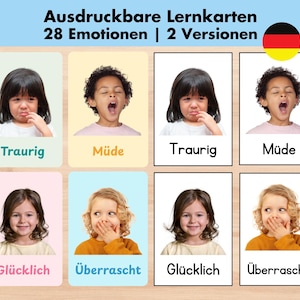 May include: Educational flashcards featuring children expressing different emotions. The cards display words like "Sad," "Tired," "Happy," and "Surprised" in German. Each card has a photo of a child with a corresponding emotion. The cards are designed for learning.