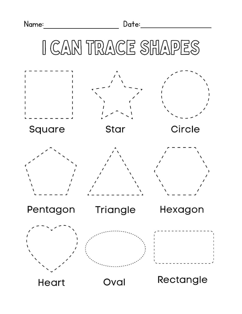 May include: A black and white worksheet with the text "I CAN TRACE SHAPES." It features nine shapes: square, star, circle, pentagon, triangle, hexagon, heart, oval, and rectangle, each with a dotted outline for tracing.