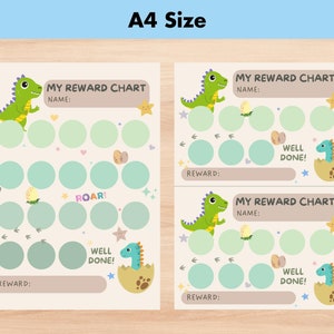 May include: Three printable dinosaur reward charts with green dinosaurs, eggs, and stars. Each chart has a space for a name, a reward, and 20 circles to color in. The text on the charts says "My Reward Chart", "Roar!" and "Well Done!"