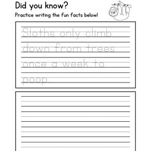 K&ouml;nnte beinhalten: Eine Schwarzwei&szlig;illustration eines Faultiers, das an einem Baumzweig h&auml;ngt. Der Text "Did you know?" steht oben auf der Seite. Der Text "Faultiere klettern nur einmal pro Woche von B&auml;umen herunter, um zu kacken" steht auf liniertem Papier unter der Illustration.