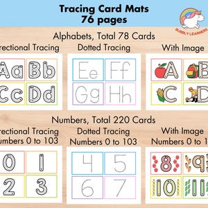 May include: A set of 76 printable tracing cards for kids to practice writing letters and numbers. The cards feature both directional and dotted tracing lines. Some cards include images to make learning more engaging. The cards are divided into two sections: Alphabets (78 cards) and Numbers (220 cards).