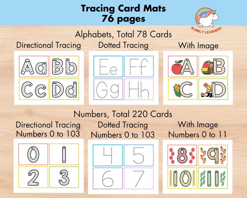 May include: A set of 76 printable tracing cards for kids to practice writing letters and numbers. The cards feature both directional and dotted tracing lines. Some cards include images to make learning more engaging. The cards are divided into two sections: Alphabets (78 cards) and Numbers (220 cards).