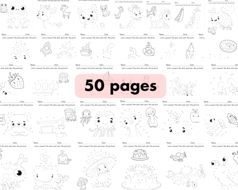 May include: A set of 50 printable dot-to-dot activity pages for kids. Each page features a different cute animal or object to connect the dots and color in. The pages are black and white and have a simple design.