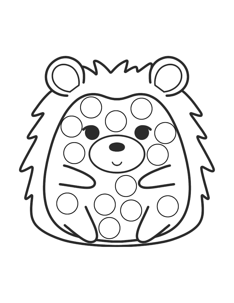 May include: A black and white line drawing of a cartoon hedgehog with a spiky back and a cute face. The hedgehog has a large belly with 15 circles on it.