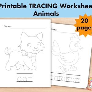 May include: Printable tracing worksheet for kids featuring 20 pages of animals to trace. The worksheet includes a cat and a chicken with dotted lines for tracing. The words "cat" and "chicken" are written below each animal.