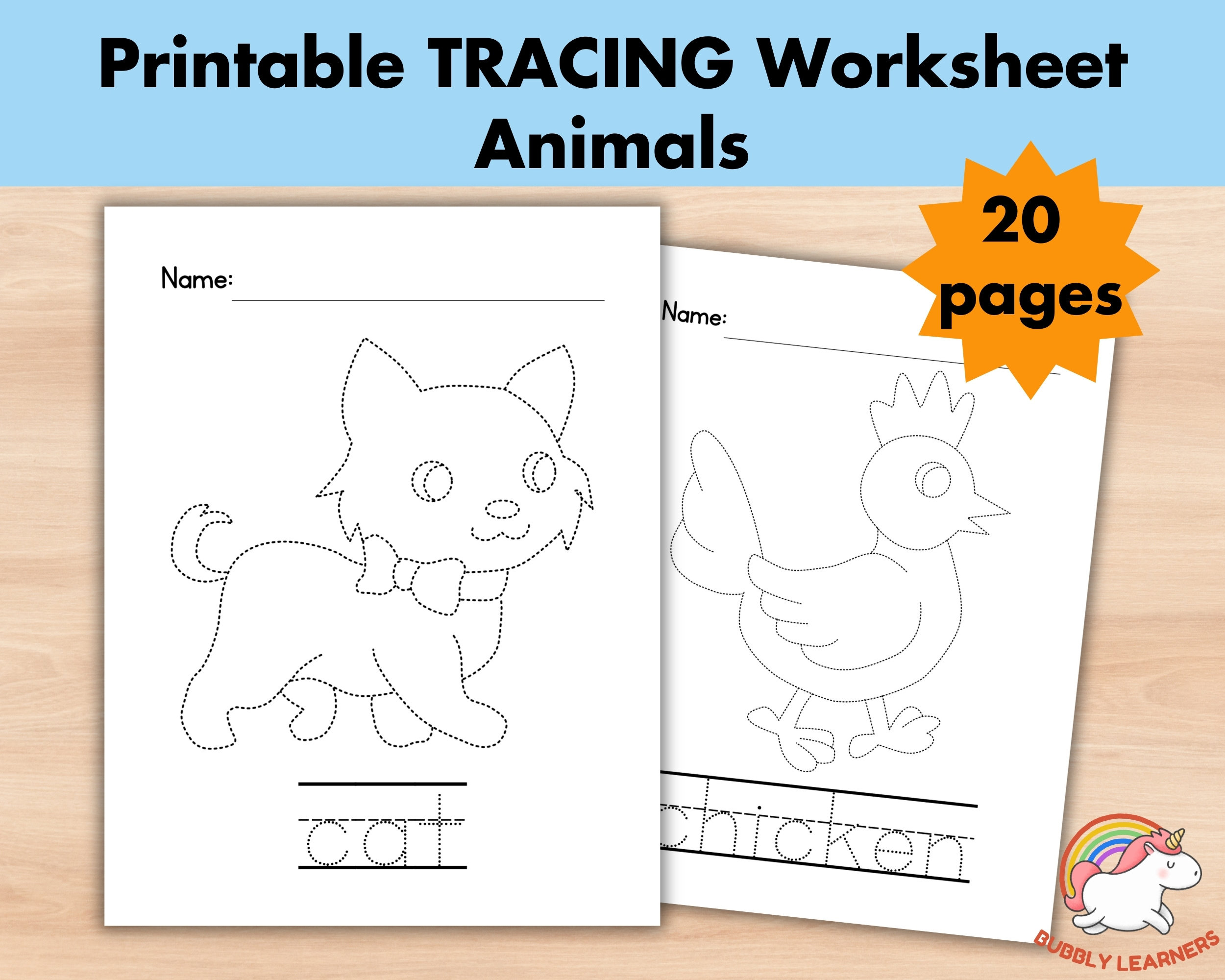 Preschool Animals Tracing Worksheets, Printable Trace Pages, Homeschool