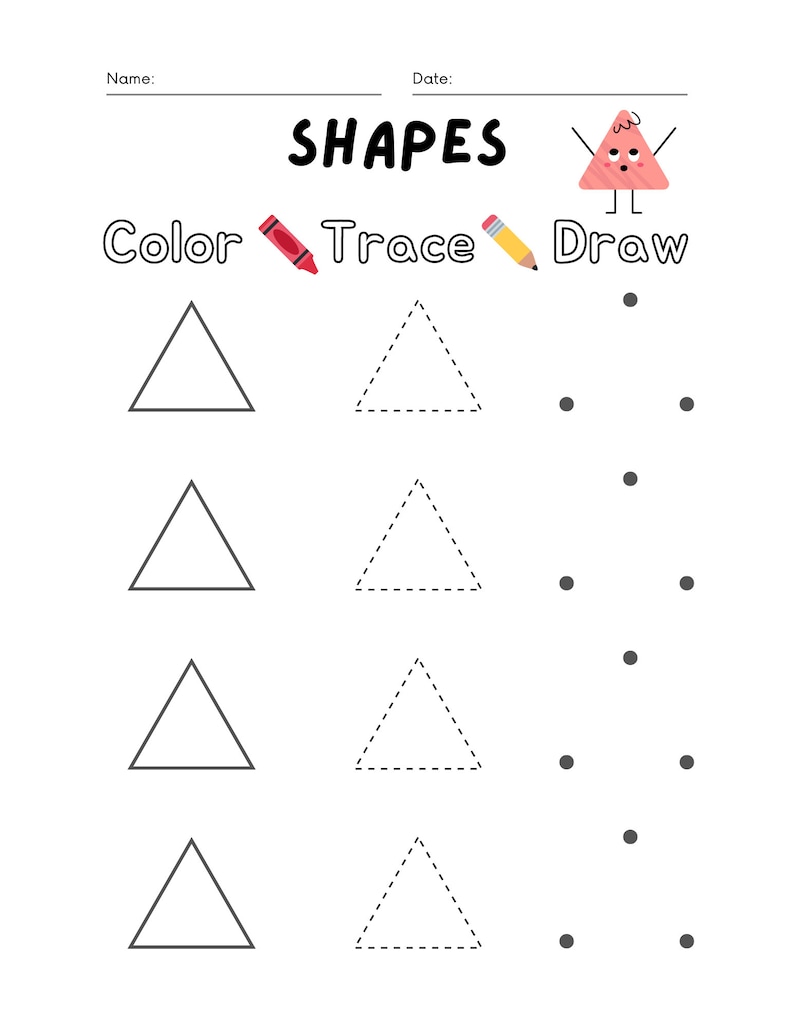 May include: A white worksheet with the word "SHAPES" in black. The worksheet has sections for coloring, tracing, and drawing triangles. A red crayon and yellow pencil are also shown.