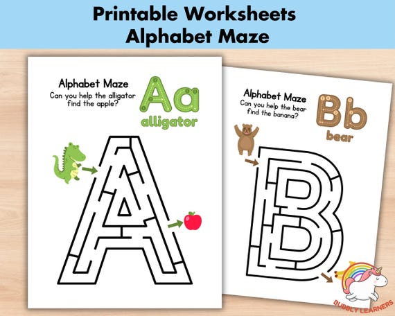 Printable Alphabet Maze Worksheets For Kids, Letter Maze Puzzle Game, Learn the Letter, Children Activity, Kindergarten Preschool Party Game