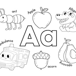 K&ouml;nnte beinhalten: Schwarzwei&szlig;illustration des Buchstabens A mit verschiedenen Objekten, die mit dem Buchstaben A beginnen, darunter eine Ameise, ein Apfel, ein Alligator, ein Krankenwagen, eine Eichel und eine Avocado.