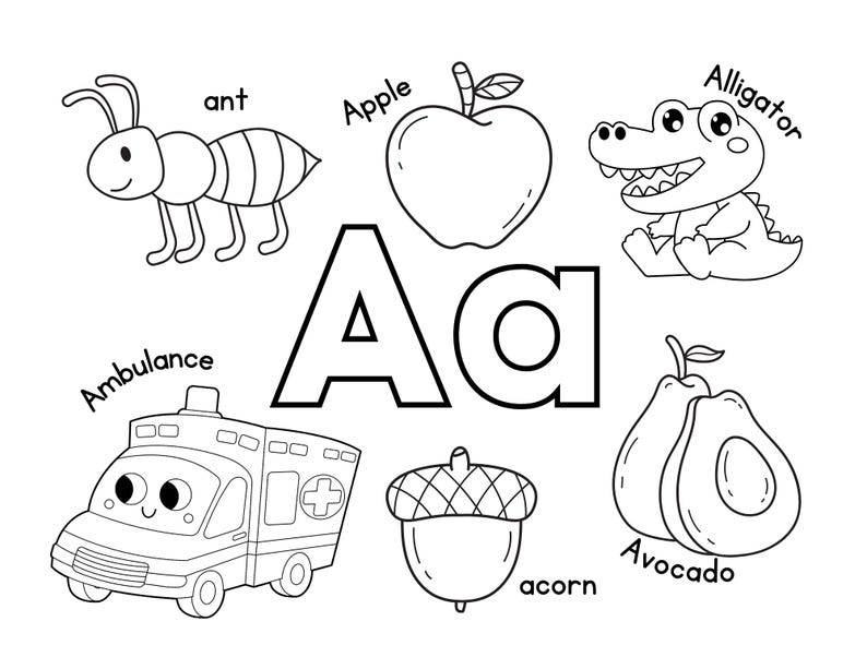 K&ouml;nnte beinhalten: Schwarzwei&szlig;illustration des Buchstabens A mit verschiedenen Objekten, die mit dem Buchstaben A beginnen, darunter eine Ameise, ein Apfel, ein Alligator, ein Krankenwagen, eine Eichel und eine Avocado.