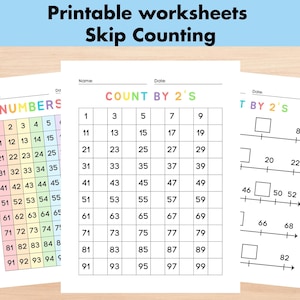 Könnte beinhalten: Druckbare Arbeitsblätter zum Zählen in Zweierschritten. Die Arbeitsblätter zeigen ein Raster mit Zahlen von 1 bis 99, Zahlenstrahlen mit fehlenden Zahlen und den Text "Zähle in 2er-Schritten" und "T in 2er-Schritten".