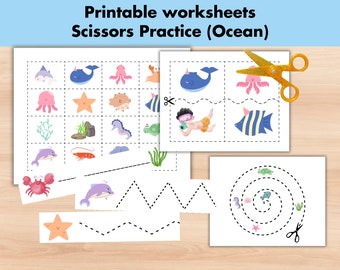 Under The Sea Scissors Cutting Practice Sheets, Printable Ocean Shapes Lines Cutting Strips, Homeschool Preschool Pre-k Activities, Digital