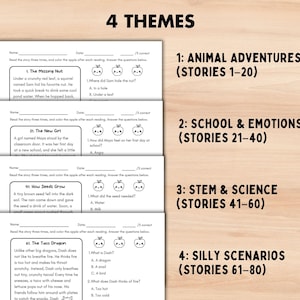 May include: Educational worksheets with four themes: Animal Adventures, School & Emotions, STEM & Science, and Silly Scenarios. Each worksheet features a short story followed by comprehension questions. The text includes the title "4 THEMES".
