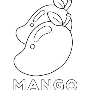 May include: A black and white line drawing of two mangoes with leaves. The word "MANGO" is written below the mangoes.