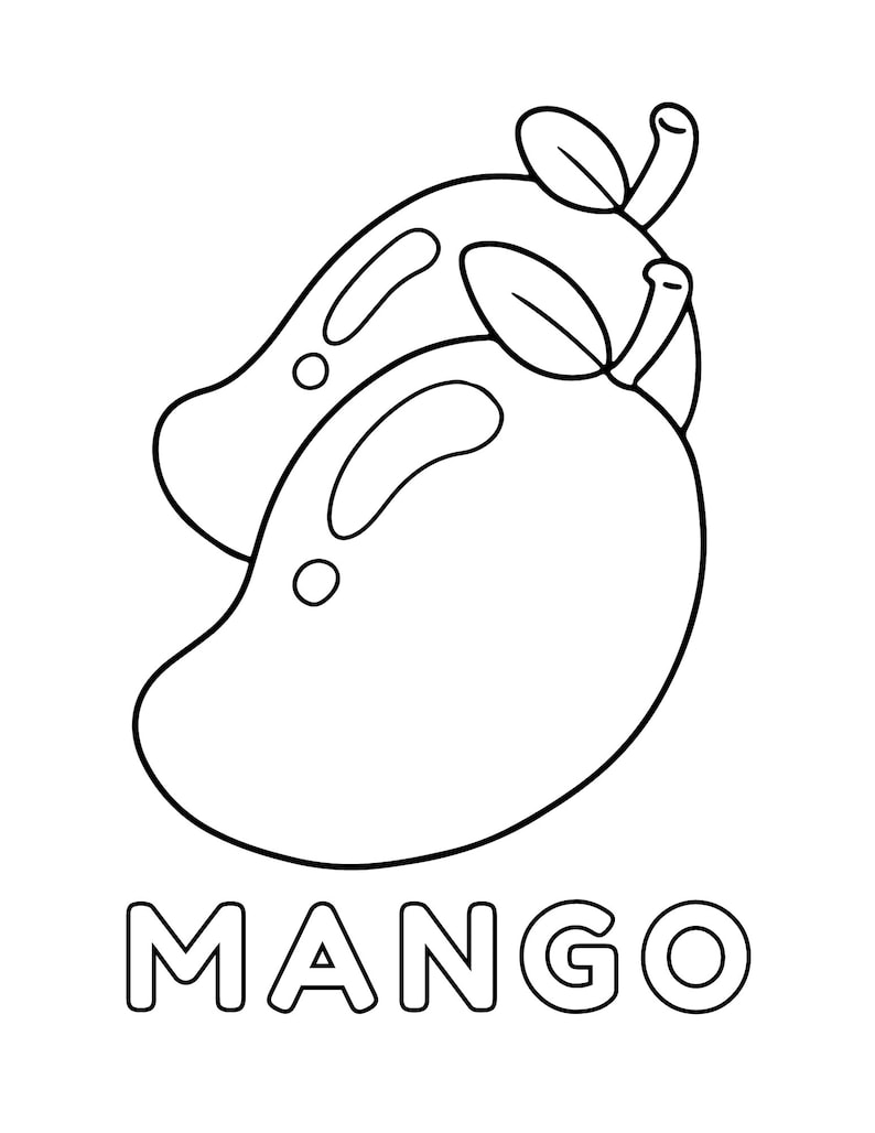 May include: A black and white line drawing of two mangoes with leaves. The word "MANGO" is written below the mangoes.