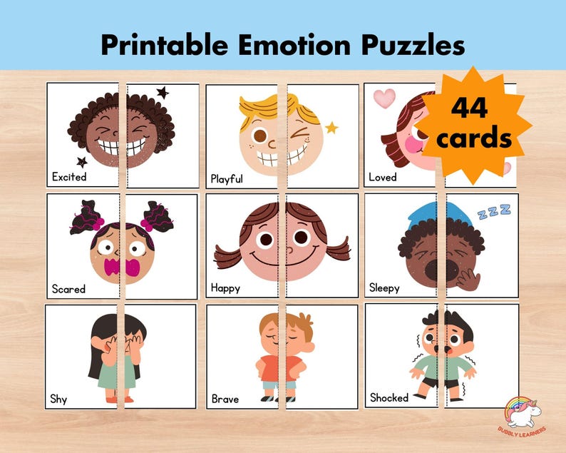 44 Emotions Matching Cards for Kids Printable PDF, Feelings Memory Game ...