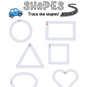 May include: A white worksheet featuring the word "SHAPES" and the phrase "Trace the shapes!" in black. The worksheet includes a blue car illustration and outlines of a circle, rectangle, triangle, square, oval, and heart for tracing.