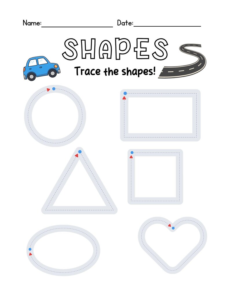 May include: A white worksheet featuring the word "SHAPES" and the phrase "Trace the shapes!" in black. The worksheet includes a blue car illustration and outlines of a circle, rectangle, triangle, square, oval, and heart for tracing.