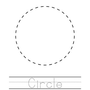 May include: A white worksheet featuring a dashed circle for tracing and lines for writing. The word "Circle" is printed below the circle. The top of the worksheet has lines labelled "Name:" and "Date:"