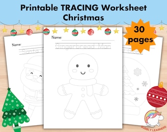 Op de afbeelding: Printbare kerst-traceerbladen voor kinderen. De werkbladen bevatten Sinterklaas, een peperkoekman en een sneeuwpop. De tekst op de werkbladen zegt "Santa Claus" en "Gingerbread Man". Er zijn 30 pagina's in deze set.