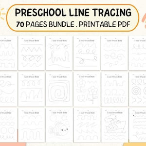 May include: A digital bundle of 70 printable preschool line tracing worksheets. Each white page features the text I can trace lines and various black dotted patterns including waves, zigzags, spirals, flowers, a fish, and a boat for practice.