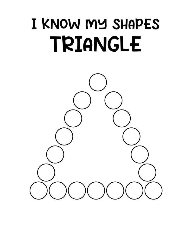 May include: Black and white printable worksheet for kids to learn shapes. The worksheet shows a triangle made of circles. The text "I know my shapes TRIANGLE" is at the top of the page.