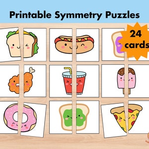 食べ物マッチングカードゲーム、対称パズル、印刷可能な幼児向け就学前モンテッソーリフラッシュカード、絵合わせ、ホームスクールリソース