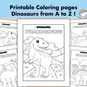 May include: Black and white coloring pages featuring different dinosaurs, including Giganotosaurus, Tyrannosaurus, Plesiosaurus, Brontosaurus, and Diplodocus. The pages are titled "Dinosaurs from A to Z!"