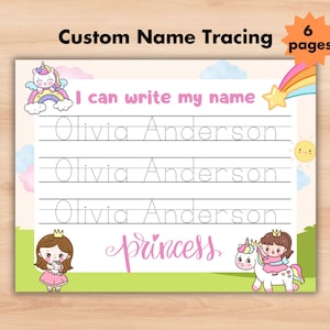 Hoja de trazado de nombre personalizado de princesa, hoja de trabajo de práctica de escritura a mano de trazado de nombre personalizado de unicornio, página imprimible, escritura de nombre para niños