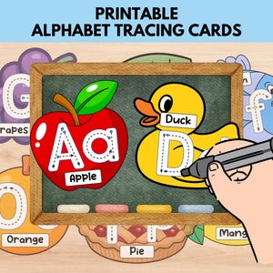 May include: Printable alphabet tracing cards featuring colorful illustrations of an apple, duck, grapes, orange, pie, and a fish. The image includes the letters A, D, and F with dotted lines for tracing. A hand holds a black marker, ready to trace the letters.