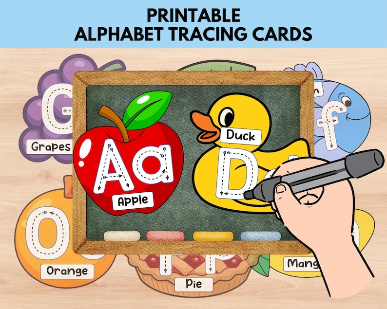 May include: Printable alphabet tracing cards featuring colorful illustrations of an apple, duck, grapes, orange, pie, and a fish. The image includes the letters A, D, and F with dotted lines for tracing. A hand holds a black marker, ready to trace the letters.