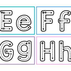 May include: Black and white tracing worksheet for learning the letters E, F, G, and H. Each letter has numbered lines to follow with arrows indicating the direction to trace.