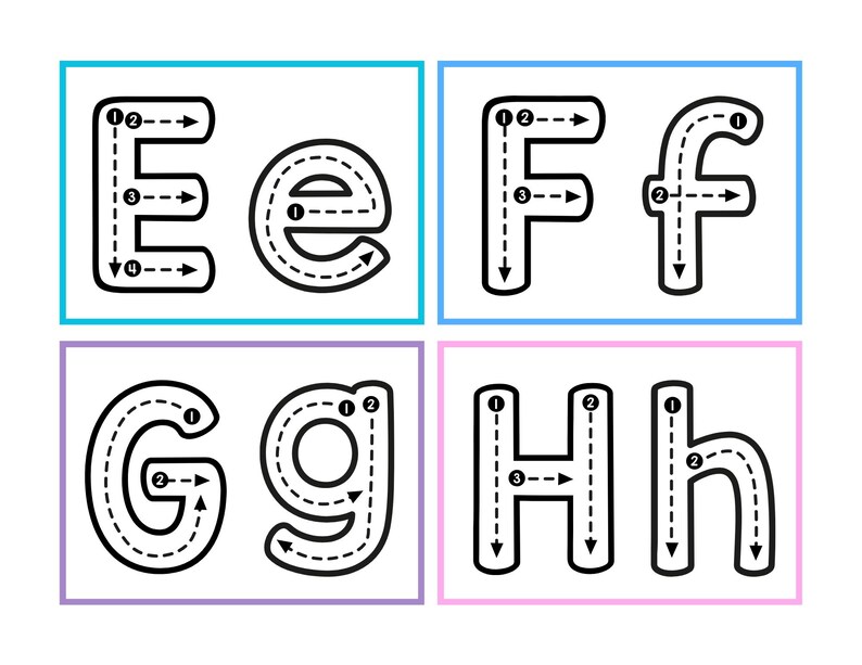 May include: Black and white tracing worksheet for learning the letters E, F, G, and H. Each letter has numbered lines to follow with arrows indicating the direction to trace.