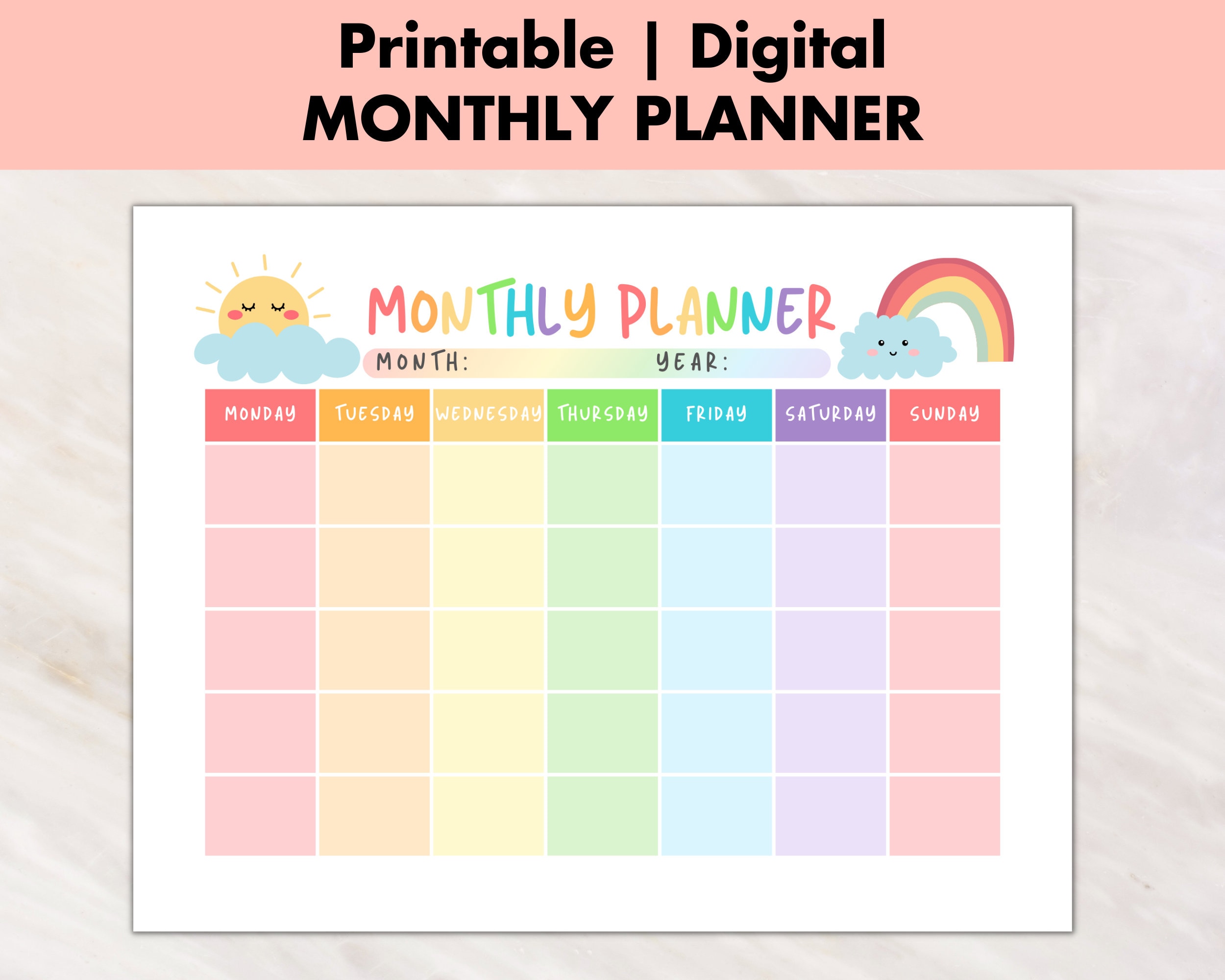 Monthly Kids Planner Rainbow Printable, Homeschool Kids Schedule Planner, Kids Monthly Calendar ...