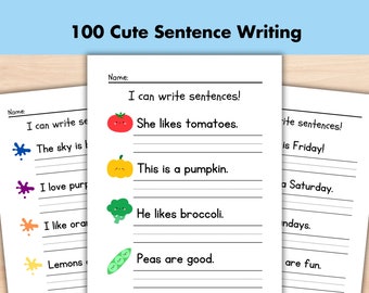 Cute 100 Sentence Writing Practice Worksheets, Printable Writing Sentences Activity, 1st-3rd Grade ELA Worksheets, Homeschool Activities