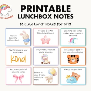 Lunchboxnotities voor meisjes, afdrukbare lunchnotities, leuke lunchboxideeën, positieve inspirerende bemoedigende notities voor kinderen, pdf direct te downloaden