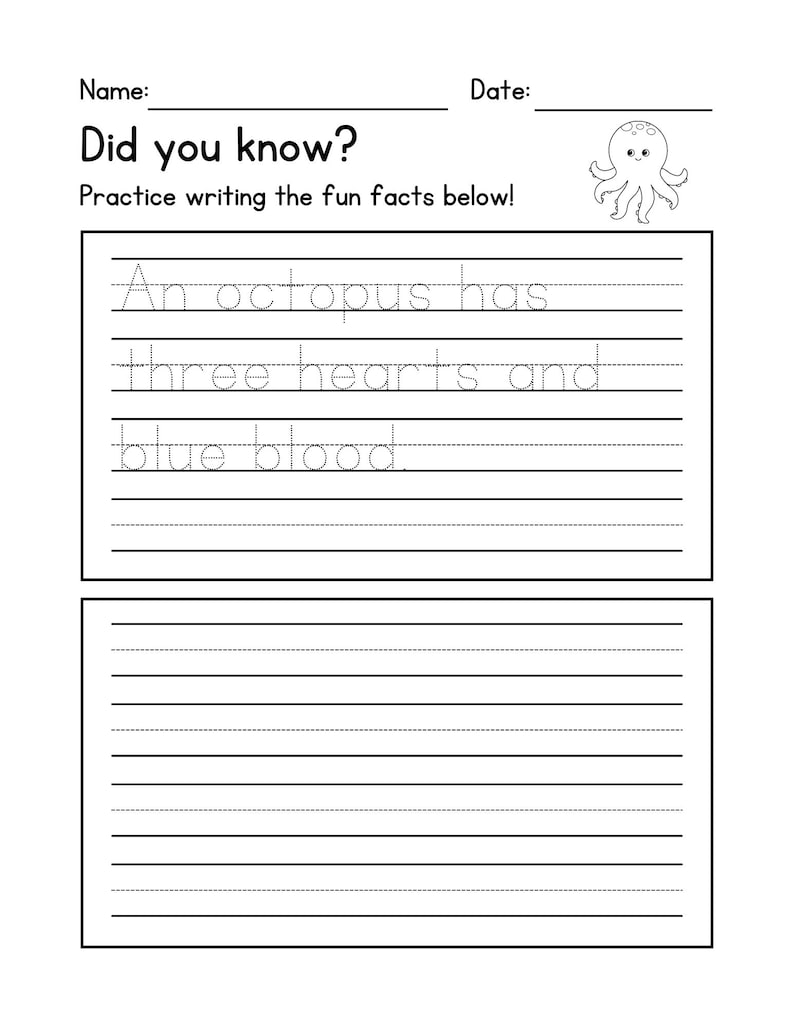 K&ouml;nnte beinhalten: Eine Schwarzwei&szlig;illustration eines Oktopus mit dem Text "Did you know?" und "Practice writing the fun facts below!" Ein Oktopus hat drei Herzen und blaues Blut.