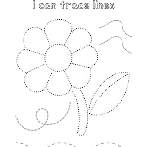 Peut inclure: Une feuille de travail imprimable en noir et blanc avec des lignes pointill&eacute;es &agrave; tracer. La feuille de travail pr&eacute;sente une fleur avec une tige et une feuille, ainsi que des lignes ondul&eacute;es. Le texte "I can trace lines" est en haut de la page.