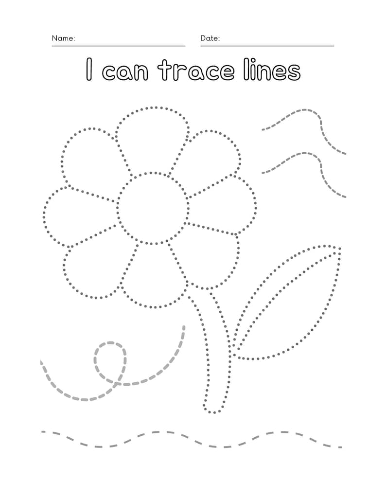 Peut inclure: Une feuille de travail imprimable en noir et blanc avec des lignes pointill&eacute;es &agrave; tracer. La feuille de travail pr&eacute;sente une fleur avec une tige et une feuille, ainsi que des lignes ondul&eacute;es. Le texte "I can trace lines" est en haut de la page.