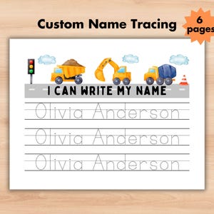 Construction Custom Name Tracing Sheet Personalized Name Trace Handwriting Practice Worksheet Printable Page Kids PreK Toddler Name Writing