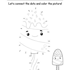 May include: A connect-the-dots activity for kids featuring a cartoon ice cream cone with a smiling face. The image includes numbers 1 through 23 to guide the user in connecting the dots.
