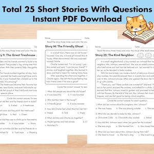May include: A printable worksheet with three short stories for kids. Each story has a colorful illustration and multiple choice questions to test reading comprehension. The stories are titled "The Great Treehouse", "The Friendly Ghost", and "The Kind Neighbor".