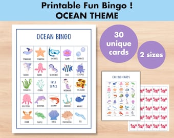 May include: Printable ocean-themed bingo game with 30 unique cards in two sizes. The game includes images of sea creatures like a stingray, starfish, shark, squid, seahorse, fish, octopus, seaweed, coral, jellyfish, dolphin, shrimp, anchor, whale, crab, turtle, shell, pufferfish, and eel.