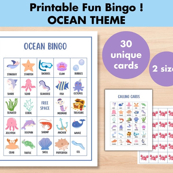 Ocean Bingo for Kids, Under the Sea Beach Bingo, 30 Printable Ocean Bingo Cards, Ocean Activity Game for Birthday,Kid's Printable Bingo Game